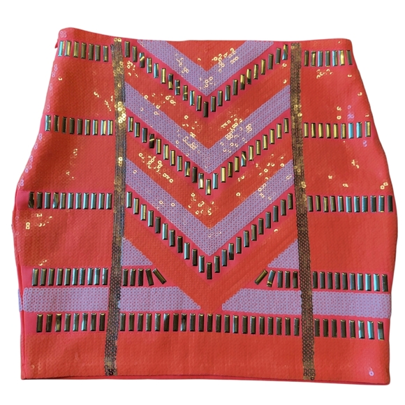 Bebe Orange Pink Gold White Sequin Bodycon Mini Skirt - Picture 2 of 8